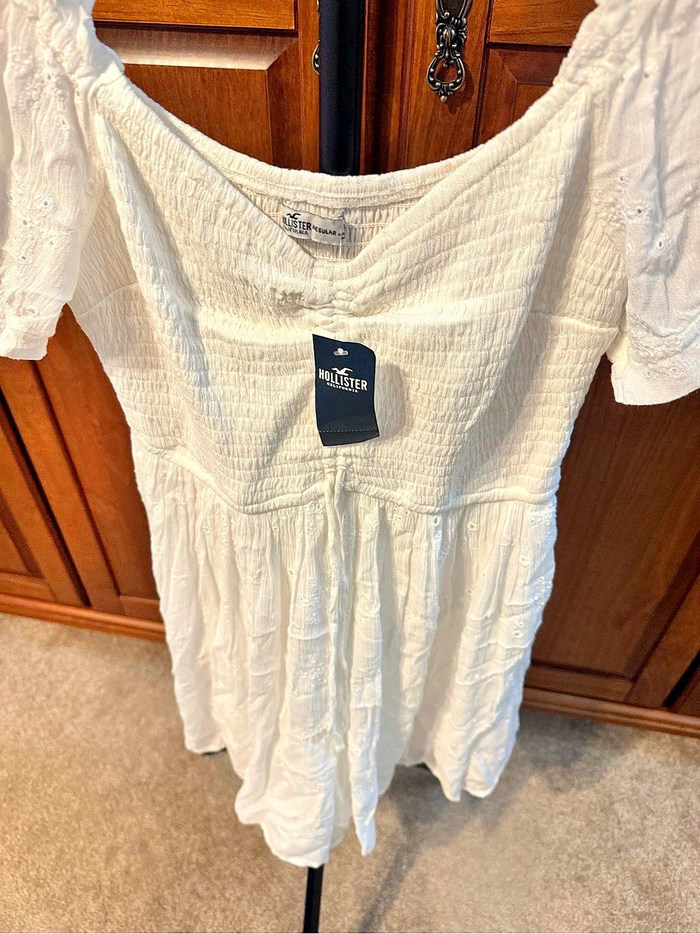 Hollister White Smocked Eyelet Mini Dress in White Size Medium